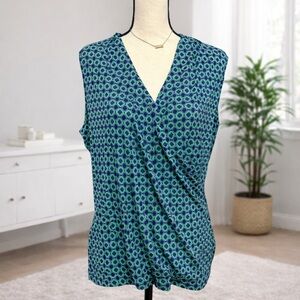 Tahari Blue and Green sleeveless Patterned summer or Spring Blouse V Neck